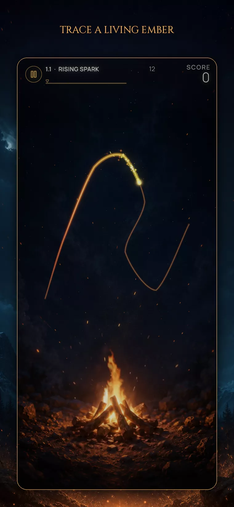 Gameplay: tracing a glowing ember path above a campfire at night